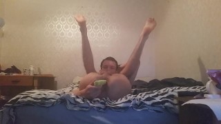 Very skinny shoves cucumber up his small anus