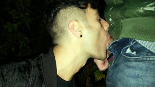 Twink sucks , swallows and jerks off in a car park throught rainy evening