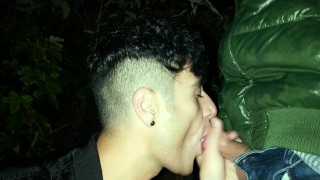 Twink sucks , swallows and jerks off in a car park throught rainy evening