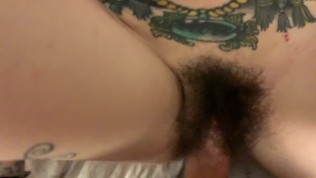 Tattooed hairy teen slut with tight pussy taking huge cock cums quick