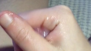 Teen oiled up big cock and plays with it.