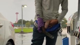 SMOKEPOLEBOY JACKING BIG BLACK COCK AT GAS STATION DURING RAINY DAY.