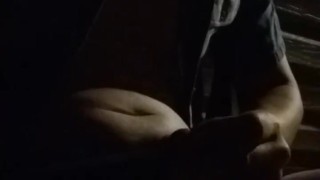 Transgirl Outside at Night Playing w/Herself Under Her Skirt & Bare-Chested