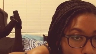 Pretty Ebony Sucks White Dildo and Shows Off Huge Ass