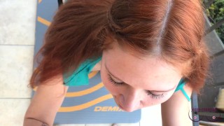 Beauty does fitness and first footjob in the life for fan #3 on the balcony