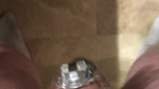 Locked and Plugged Chastity Boy Shows Cage and Butt Plug