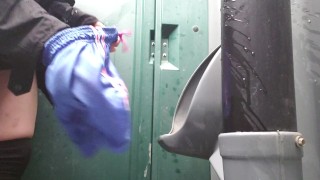 Nerdy Girl Hosing Down A Urinal With Her Piss