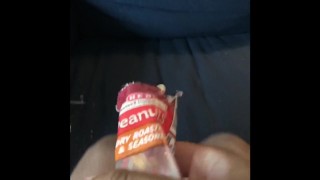 Guy plays with big black cock bust a big fat nut