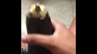 Guy plays with big black cock bust a big fat nut