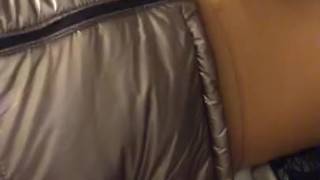 Playing with Vibrator in Shiny Down Jacket Gas Mask and Shiny Leggings