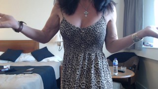 Mature CD with boobs in a pretty dress just talking 