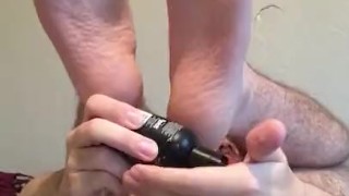 Hairy twink gets fucked by little toy and cums