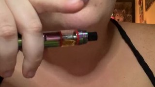 Fat babe listening to music, smoking vape, POV