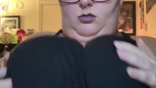 Fat babe listening to music, smoking vape, POV