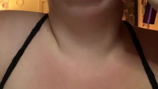 Fat babe listening to music, smoking vape, POV