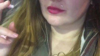 Sexy Red lips Smoking In Car In Leather Jacket