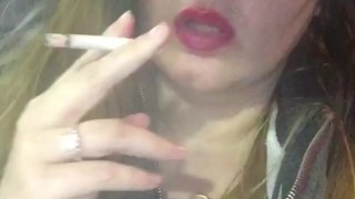 Sexy Red lips Smoking In Car In Leather Jacket