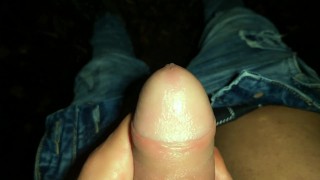 Showing creampie on a tree and softening cock after jerk off