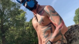Rubbing this huge cumshot out along the river before someone catches me