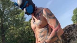 Rubbing this huge cumshot out along the river before someone catches me