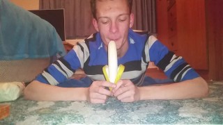 Skinny teen shoves banana deep in his throat
