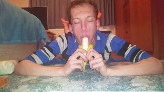 Skinny teen shoves banana deep in his throat
