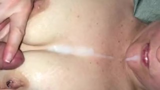 Edible PEARL NECKLACE! Husband eats his Cum off of his wife’s chest & chin.