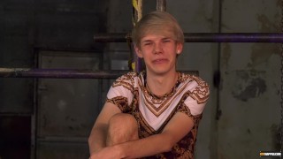 Blonde skinny twink tied up and waxed by his dominant master