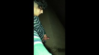 Twink pisses with erection under the bridge - uncut cock