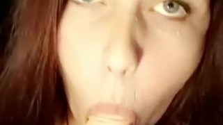 Practice blowjob with a dildo