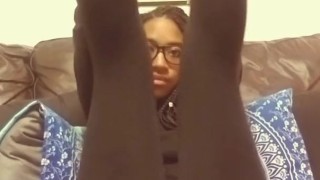 Cute Ebony Stuffed after Thanksgiving Shows off Feet and Ripped Leggings