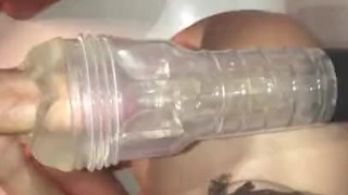 Gorgeous MILF & TWO FLESHLIGHTS pleasure UNCUT cock for a BIG JUICY CUMSHOT