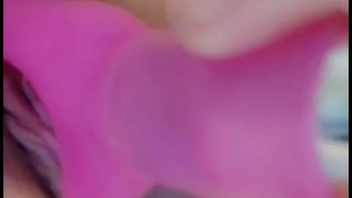 Cute teen strips and plays with pink toy for you