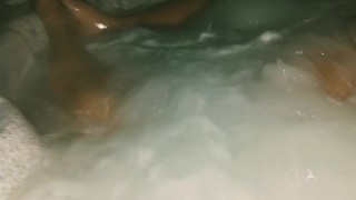 Cheating neighbors Latina wife cums using hot tub jets after party