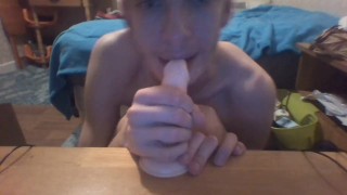 Skinny sexy teen sucks and deepthroats his 5 inch fake cock