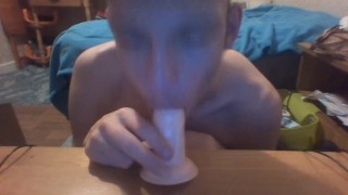 Skinny sexy teen sucks and deepthroats his 5 inch fake cock