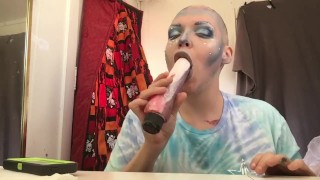 Frozen Cunt rydes dildo with Fat Ass