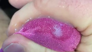 Wanking and cumming in a glitter g-string - big watery cum shot