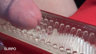 ASMR CloseUp Cumshot in opened Tenga Flip Hole Red.