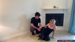 Stepson helps stepmom with yoga and stretches her pussy
