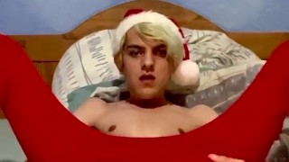 Sexy Santa’s little helper twink wanks and fingers himself