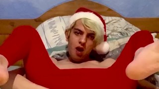 Sexy Santa’s little helper twink wanks and fingers himself