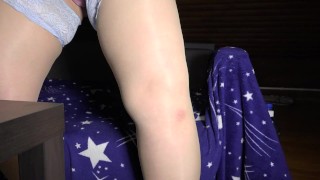 Foot fetish. Fat legs wear on stockings in front of a webcam