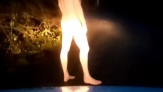 Christmas tshirt and nude. Hiding from traffic at roadside