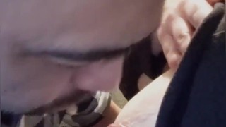 Tonguing his cock after he drains my breasts of milk