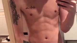 masturbating my Twink cock until I cum all over the mirror