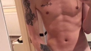 masturbating my Twink cock until I cum all over the mirror