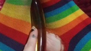 Dirty ripped up clown socks and my new banana dildo