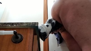 Pounded by giant Dildo on bathroom sink!