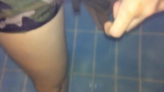 Twink tries hydromassage nozzle on his uncut cock in public pool underwater
